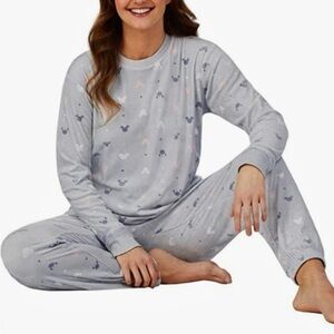 Disney Womens XL Mickey Minnie Mouse Silky Fleece 2PC Pajama Loungewear Set Gray